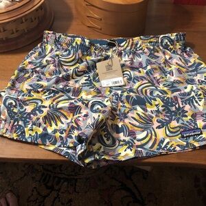Patagonia Women's baggies 5 inch Tropical Print Shorts in Blue, Yellow, Pink